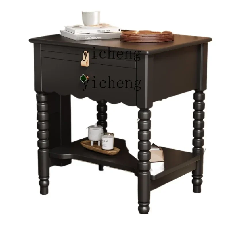 b9.21-Retro Bedside Table Solid Wood Bedside Storage Storage Cabinet Master Bedroom Small Black Small Bedside Table