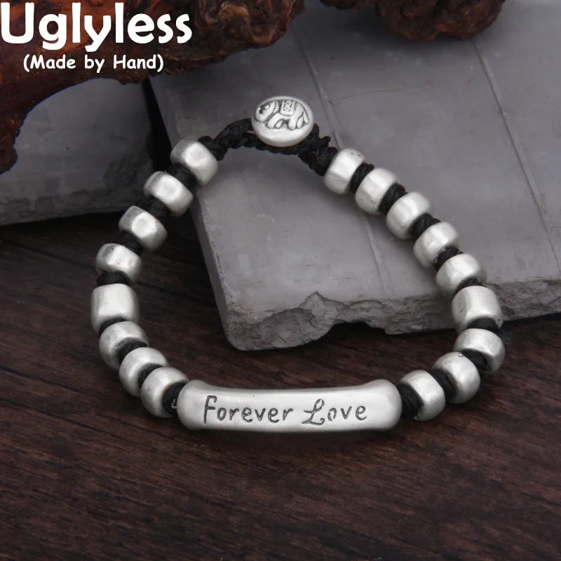 Uglyless Real 990 Full Silver Forever Love Gifts Bracelets Women Rectangle Beading Bracelets Thick Rope Bracelet Elephant Button