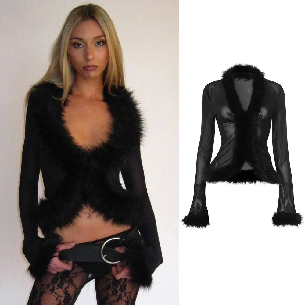 Weird Puss Sexy See Through Cardigan Tops Women Fluff Patchwork Skinny Full Sleeve Navel Exposed Hottie Wild Style Streetwear