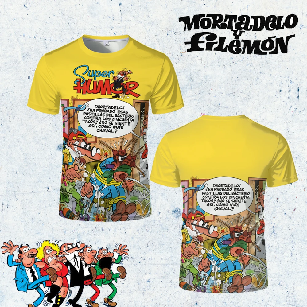 Mortadelo Filemon Anime Character Print T shirts Round Neck Fashion Fun Pattern Short Sleeves Outdoor Casual Breathable T-shirts
