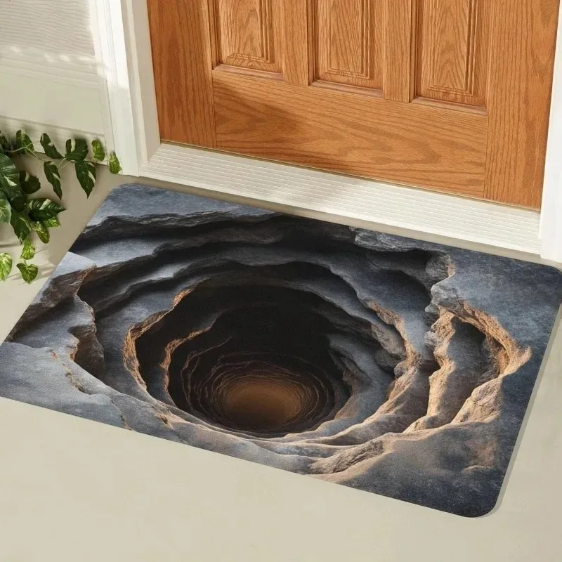 3D Illusion Deep Well Rug Rock Visual Trick Floor Mat Non Slip Flannel Home Decor Carpet Funny Novelty Doormat