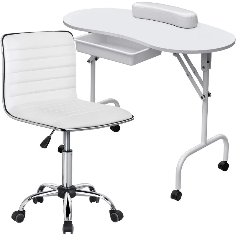 37-inch Foldable Manicure Table Nail Desk Workstation w/Carrying Case/Wheels for Spa Beauty Salon and Adjustable Low Back