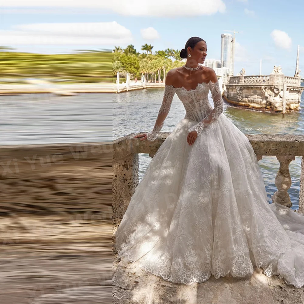 Requintado uma linha feminina fora do ombro rendas vestidos de casamento novia manga longa vestidos de noiva personalizado robe de mariée