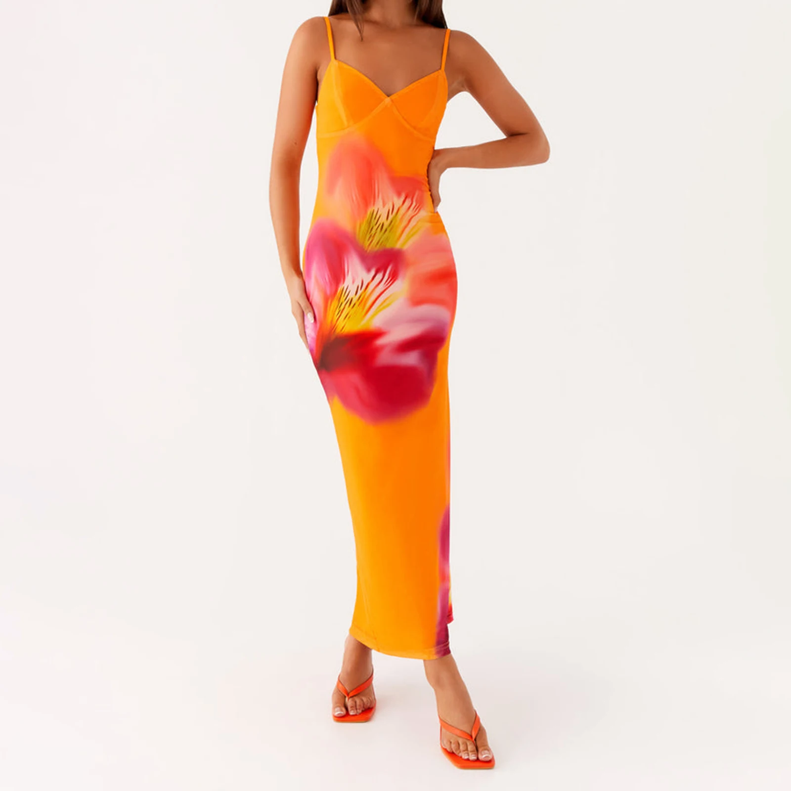 Długa sukienka damska Cami bez rękawów Sukienka z kwiatowym nadrukiem na wakacje na plaży Letnia impreza Codzienne noszenie Aktywność na świeżym powietrzu Streetwear