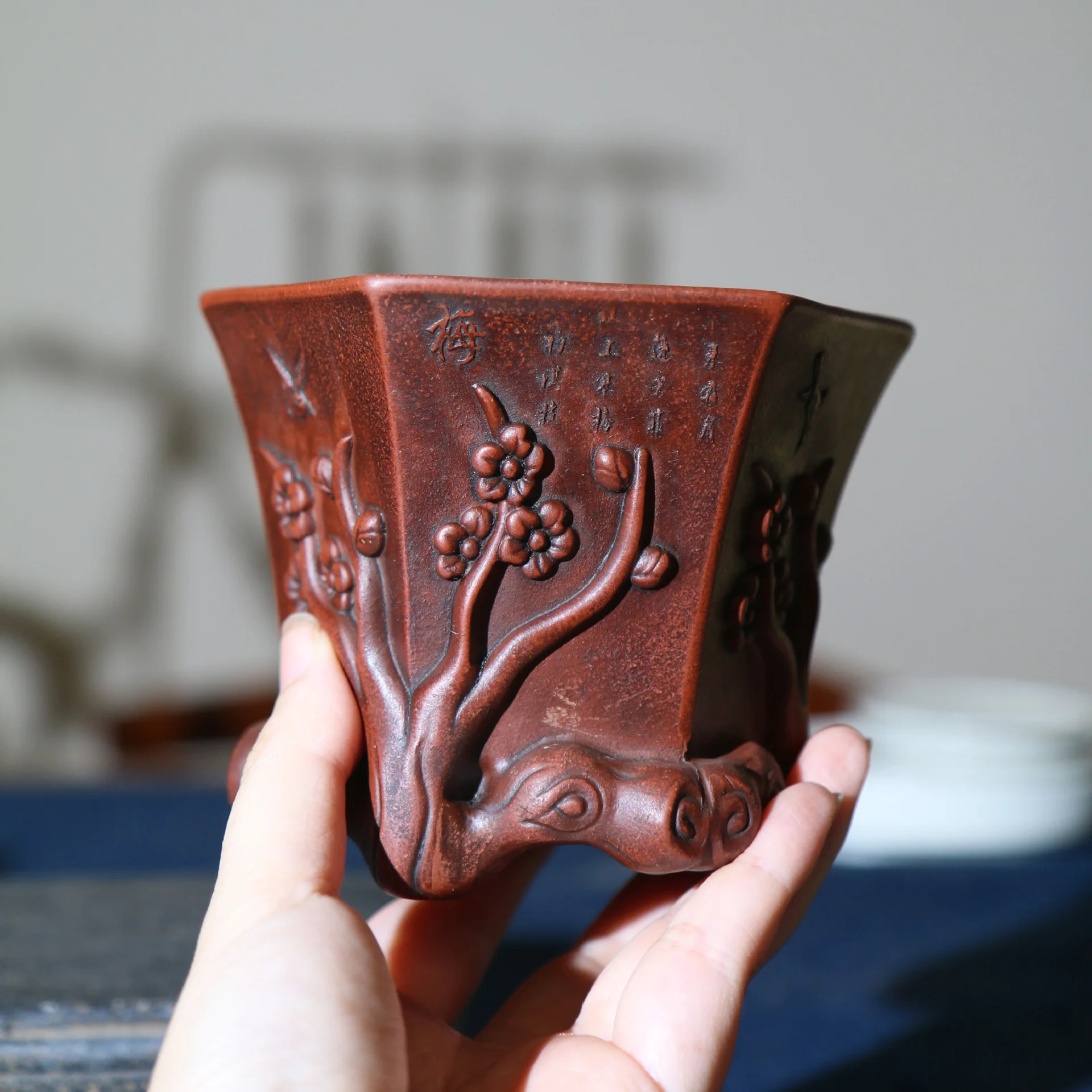 Chinese Yixing Purple Clay Flower  Bonsai Pot Handmade Flower Carving Succulent Pot Home Desktop Decoration Flower Pot
