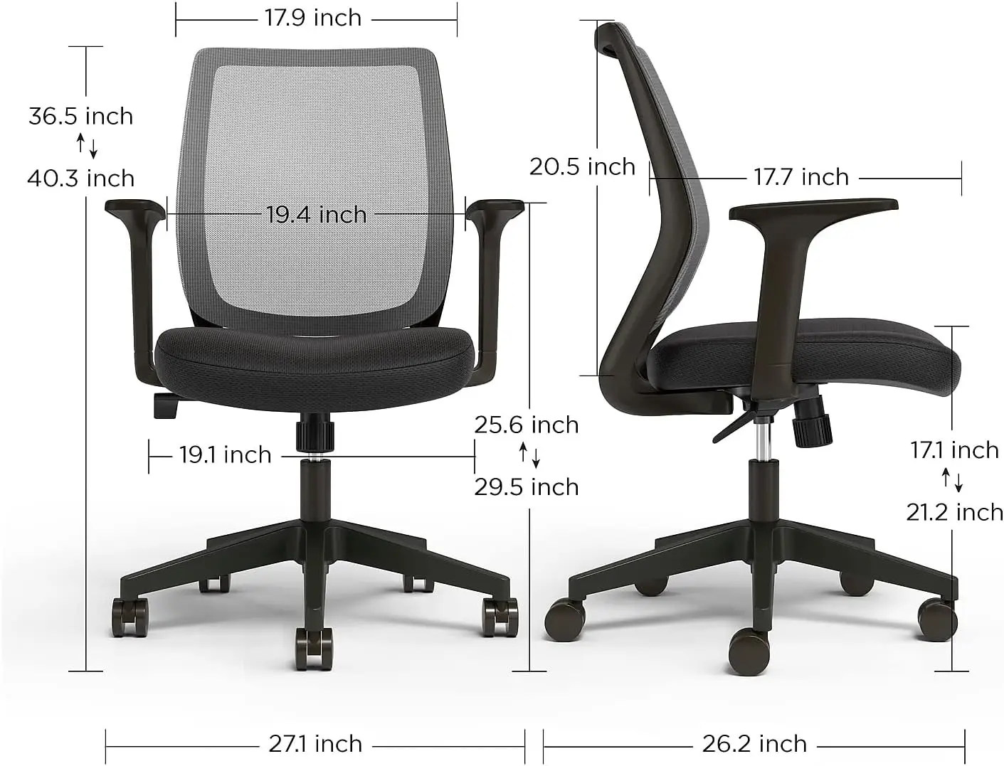 Mesh Back Swivel Office Chair, Ergonomic Fabric Seat, Adjustable Height, Tilt Tension and Tilt Lock,