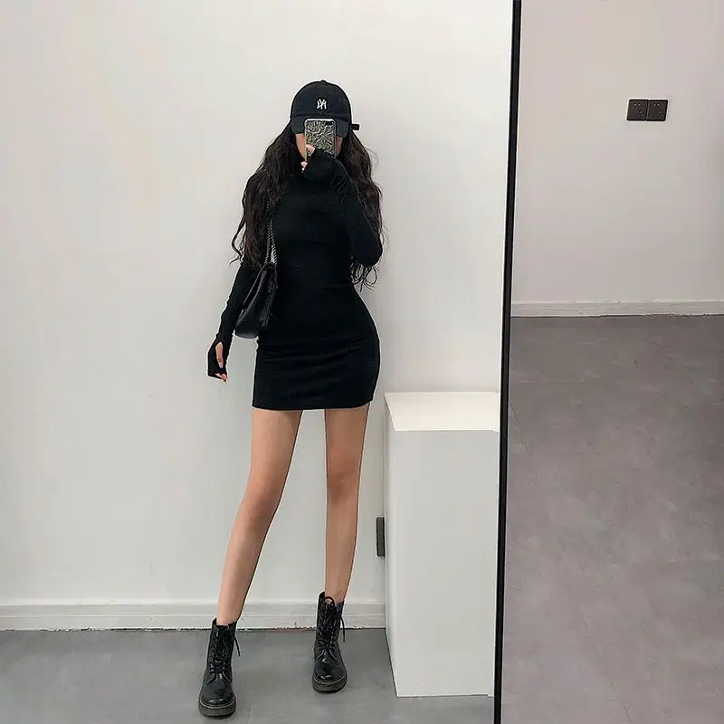 Dresses Women Turtleneck Solid Tight Fit Long Sleeve European Style Sexy Spicy Girls Spring Bodycon Simple Trendy Vestidos Mujer