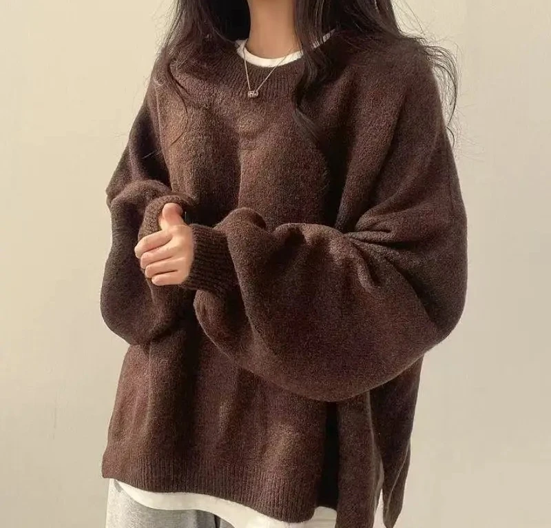 

Autumn Winter Korean Loose Women's Knitted Sweaters New Side Split Long Sleeve Solid Casual Pullovers Tops Female