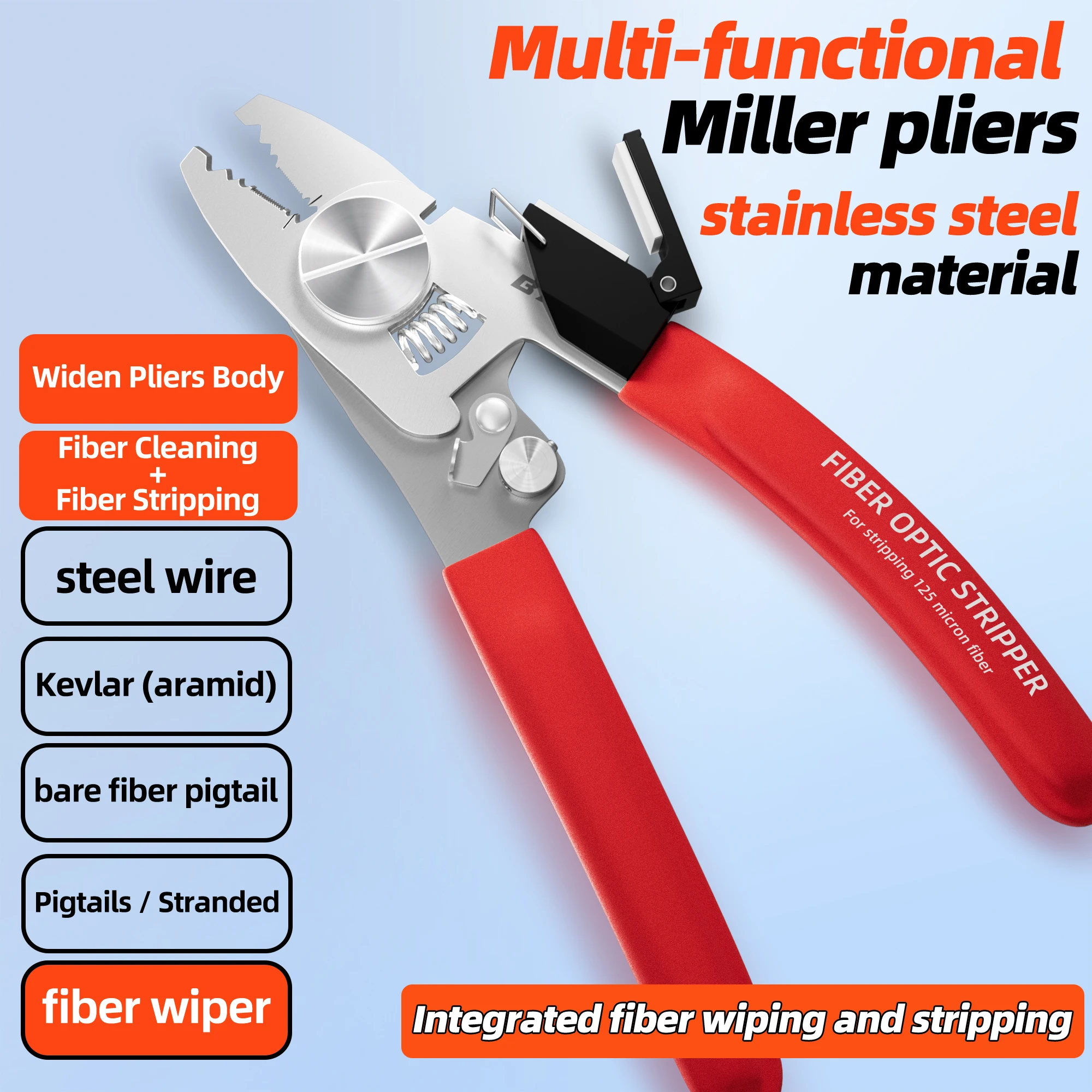 High Quality 6 in 1 Multifunction Stainless Steel Miller Plier 6 Ports Stripping Tool Drop Fiber Optic Stripper with Fiber Wiper