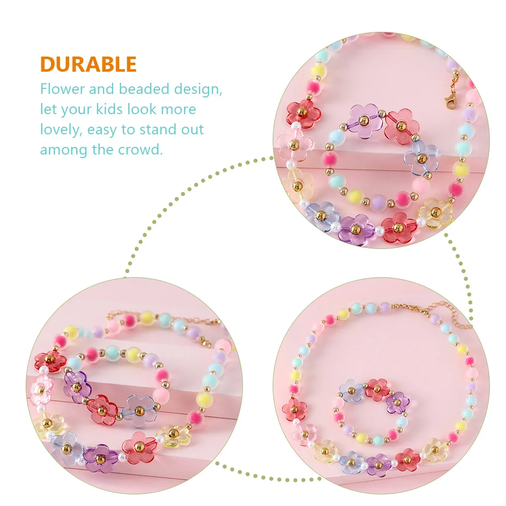 Colar e pulseira infantil com contas, Pulseira de pérolas, colares de flores acrílicas, meninas