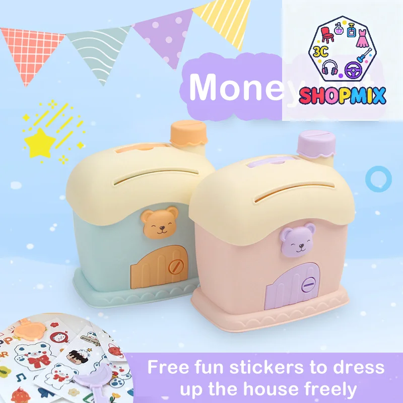 

Милая копилка с медведем, мультяшная квадратная копилка с замком и ключом, милый грибной домик, копилка, детская мультяшная банка для монет, детская игрушка