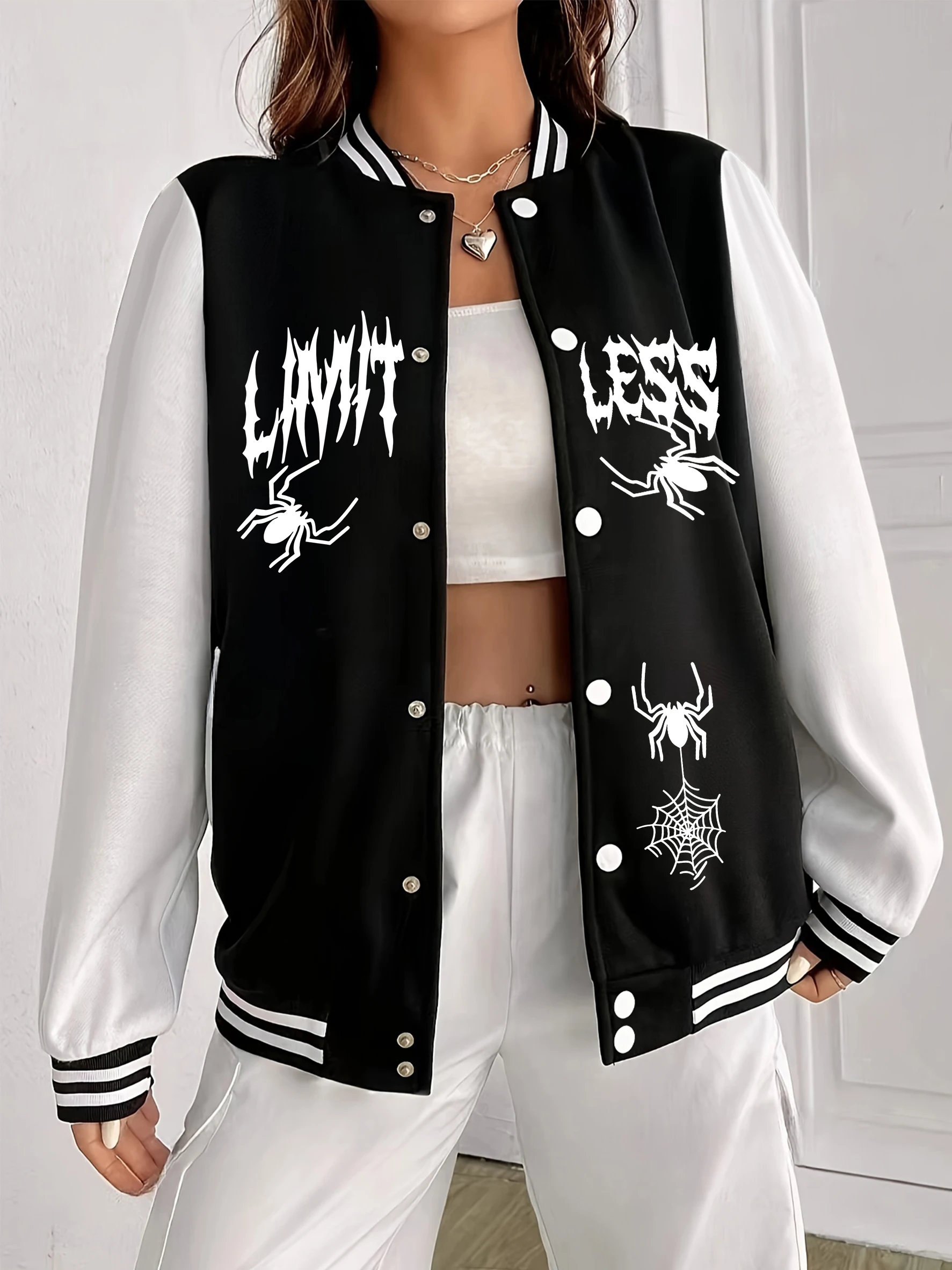 

2 Spiders And Artistic Letters Design Women Baseball Uniform Loose Pocket Jacket American Woman Sportswear Autumn Fleece Clothes