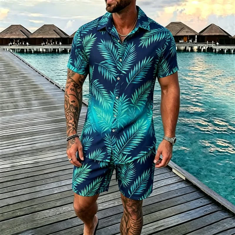 Ensemble deux pièces imprimé tendance pour homme, chemise à manches courtes et short, un style urbain et estival distinctif, pour les voyages et les vacances