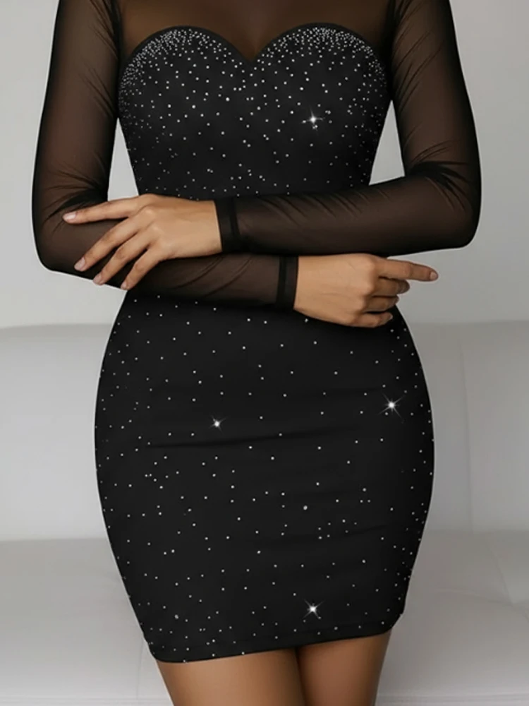 حجر الراين بقماش شفاف فستان قصير شبكة كم طويل زيبر الظهر Bodycon اللباس #3