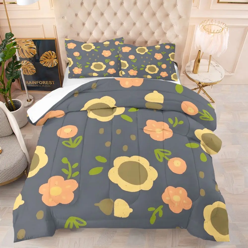 Retro Floral Acorn Digital Print Quilt Comforter Set Bedding Set Pillowcase Farmhouse Bedroom Home Decor