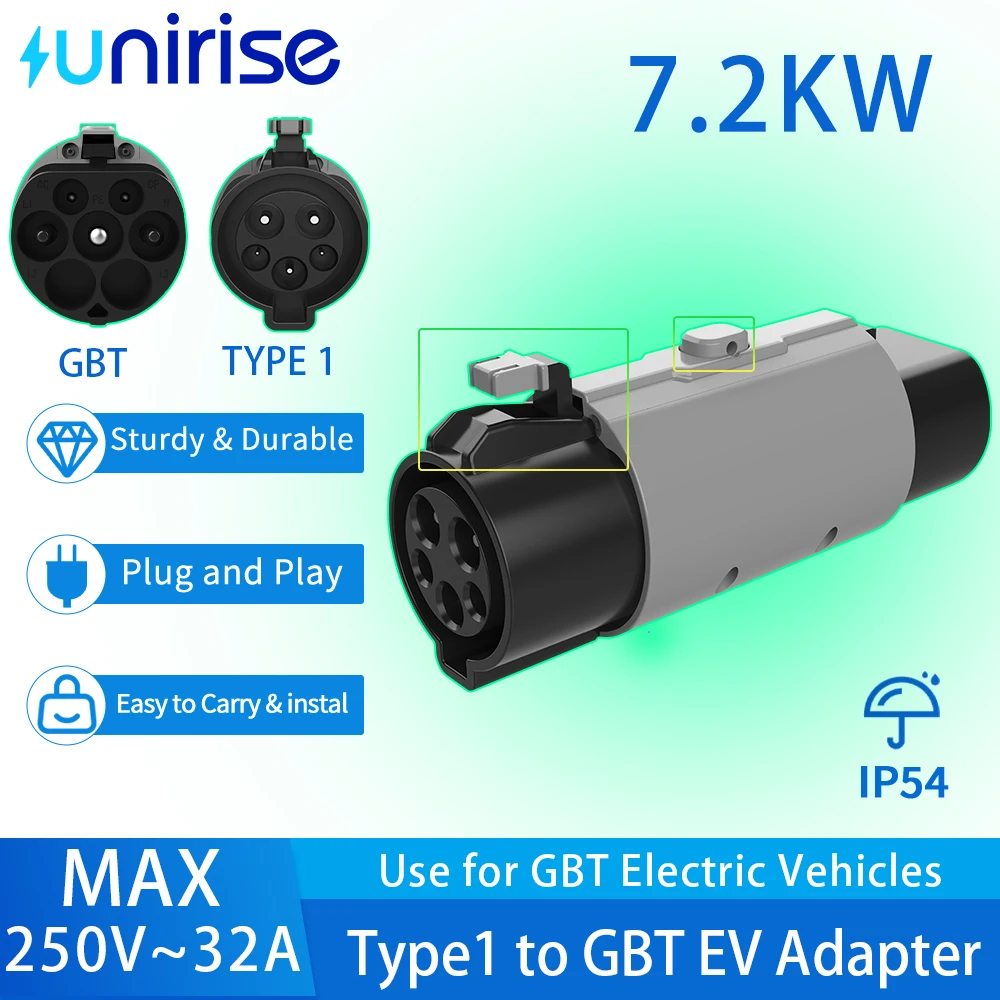 Адаптер переменного тока Unirise Type от 1 до GBT, 32 А, 7,2 кВт, сертифицированный UL, преобразователь SAE J1772 в GB/T для зарядного устройства электромобилей BYD/XPENG/MG