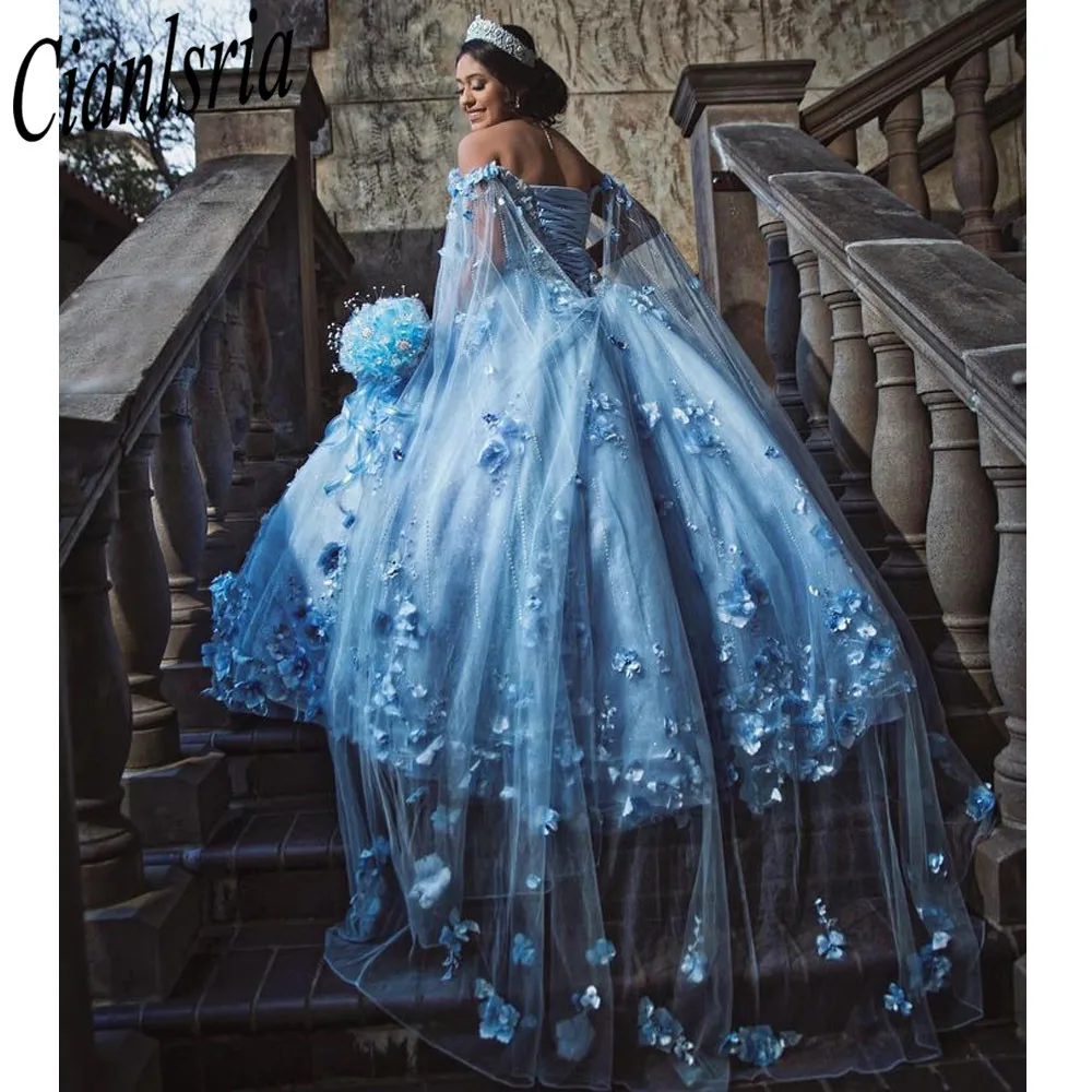 Sky Blue Ballkleid Quinceanera Kleider mit Cape 15 Party 3D Blume Cinderella 16 Prinzessin Kleider Mit Wrap