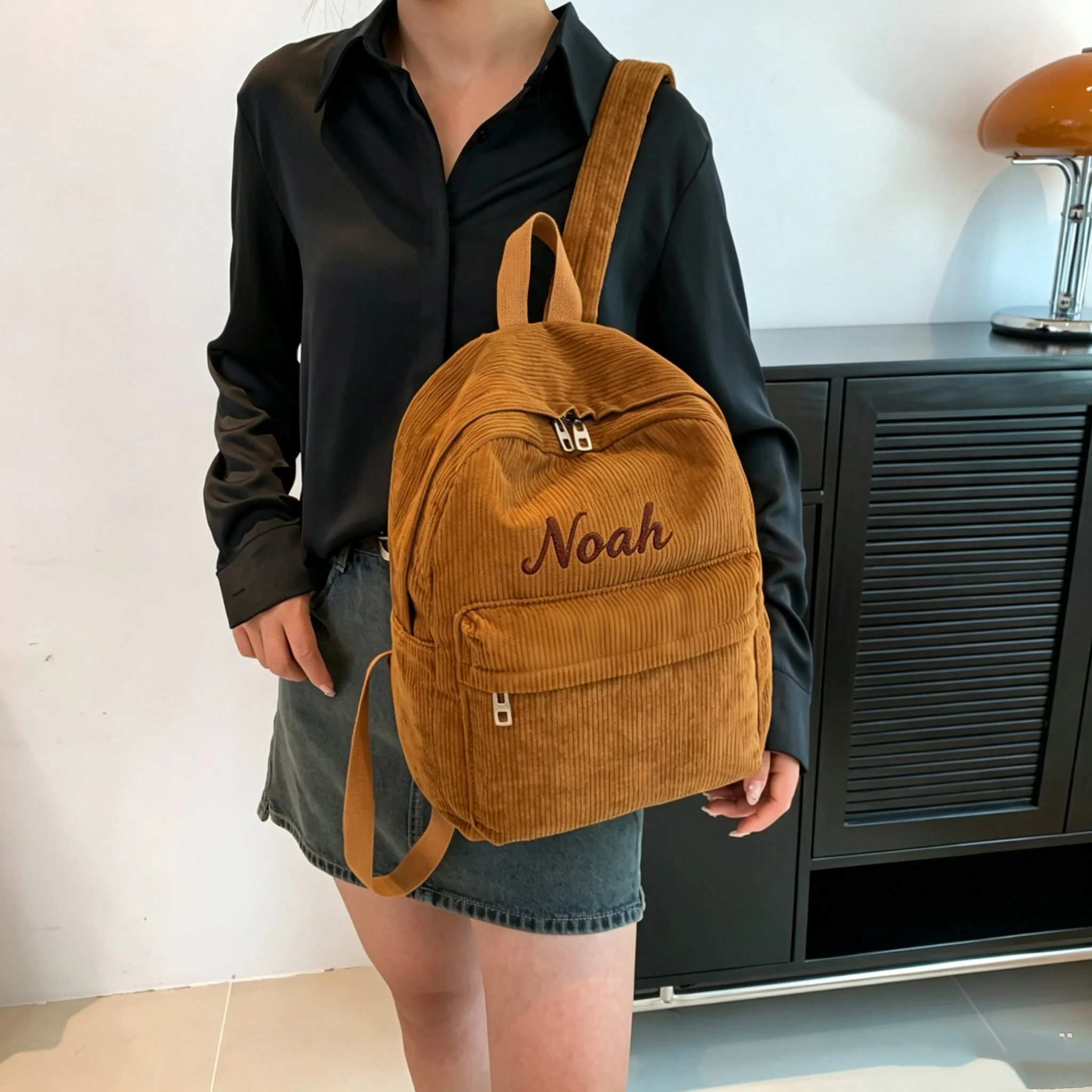 Custom Letter Embroidered Corduroy Backpack, large capacity, exquisite embroidery craftsmanship, various colors for selection,