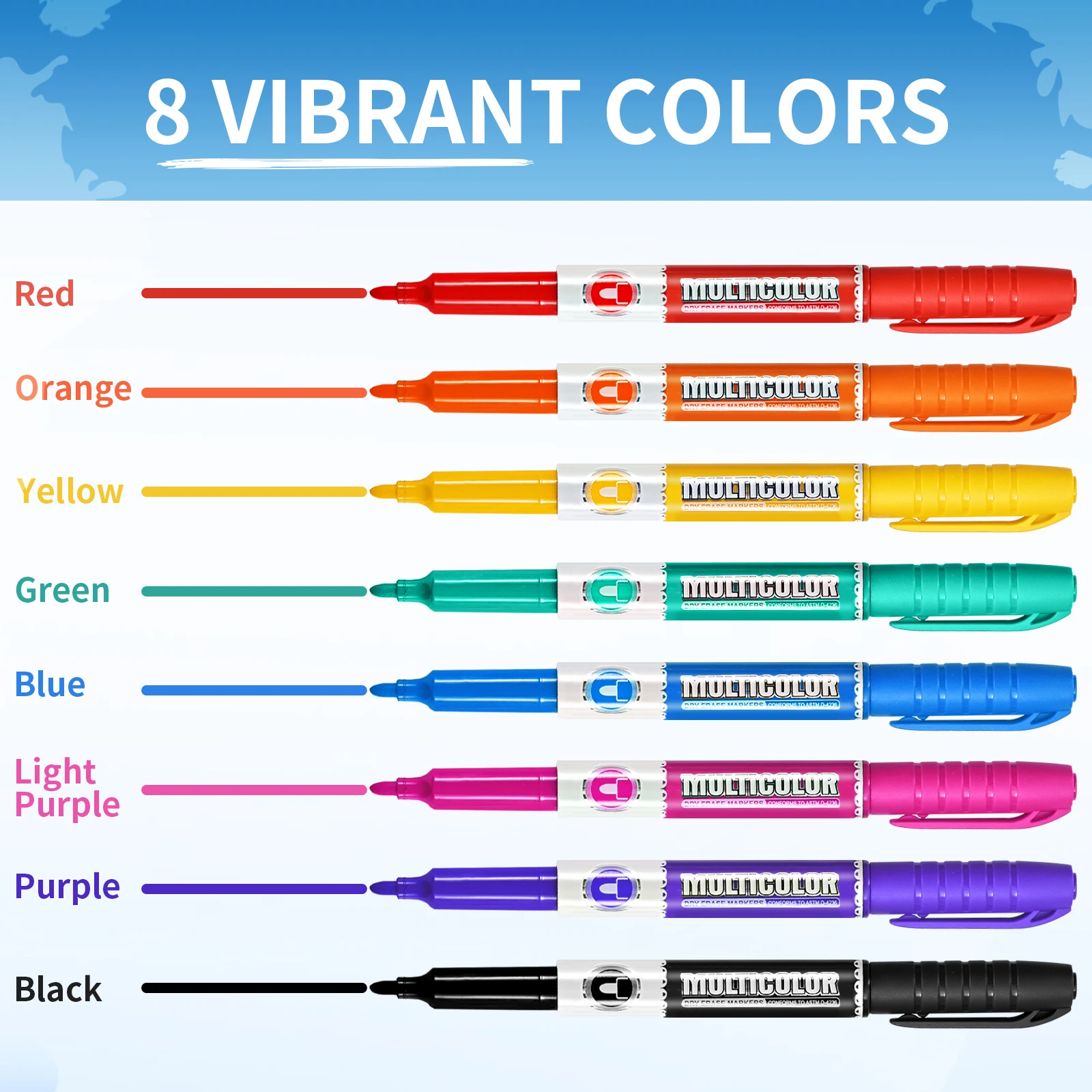 Lekreo WP128AS 8 ألوان علامات المسح الجاف للسبورات البيضاء، طرف الإزميل، رائحة منخفضة، ألوان متنوعة