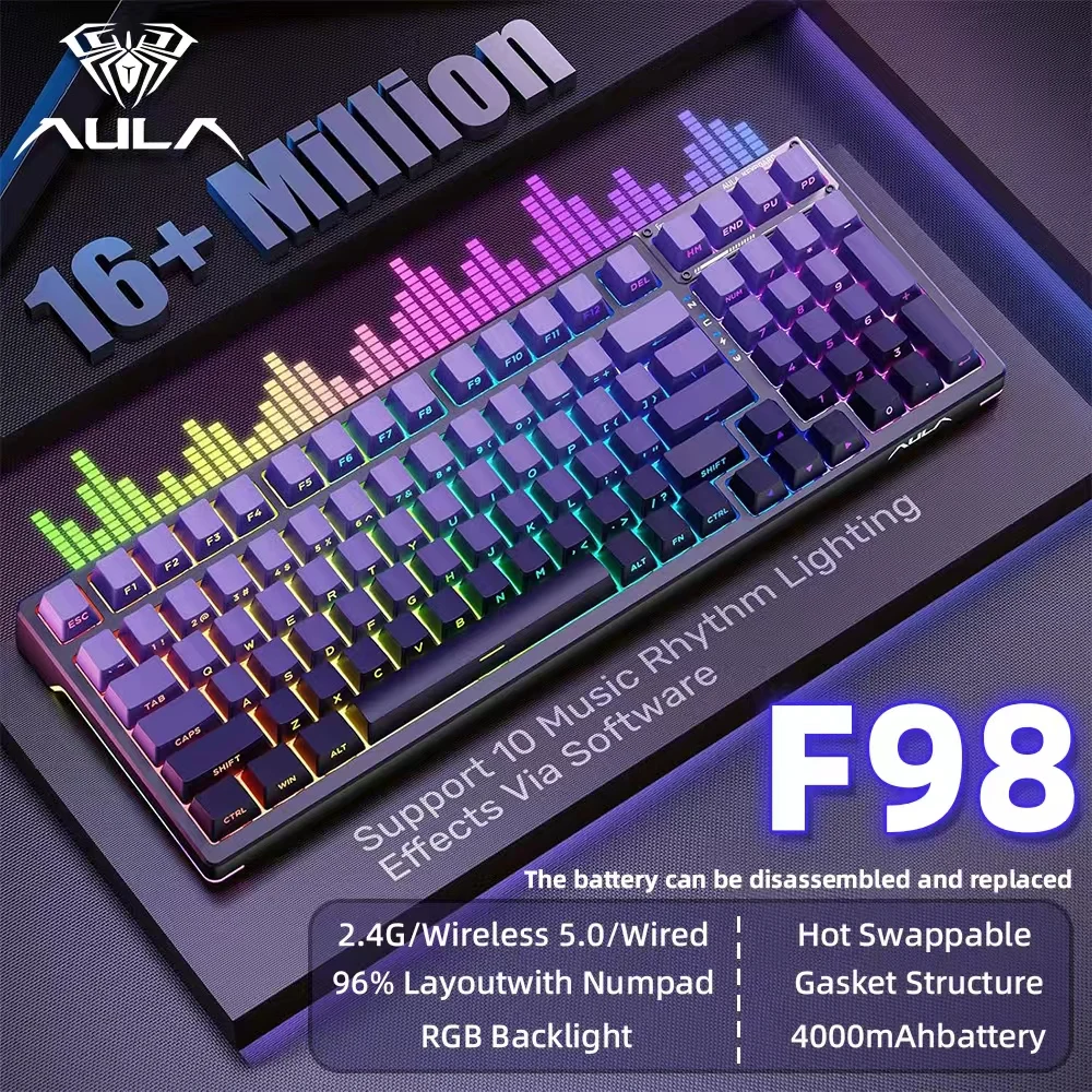 لوحة مفاتيح ألعاب لاسلكية AULA F98 مع BT5.0/2.4G/USB-C بطارية قابلة للاستبدال بقدرة 4000 مللي أمبير في الساعة لوحة مفاتيح ميكانيكية كاملة الحجم للكمبيوتر الشخصي Xbox PS5 #1