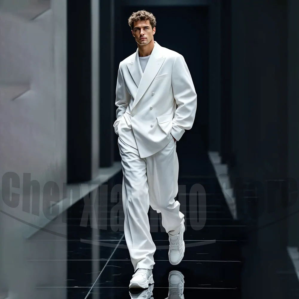 

Мужской белый костюм большого размера, комплект уличной одежды, двубортный наряд, деловой повседневный костюм для вечеринки, свадьбы, модные костюмы из 2 предметов