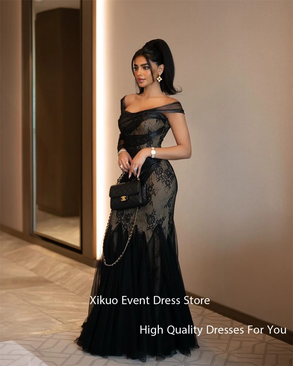 Xikuo Black Tulle One Shoulder Evening Dresses Mermaid Appliques Formal Party Gowns Chic Saudi Arabia Robe De Soirée Customized
