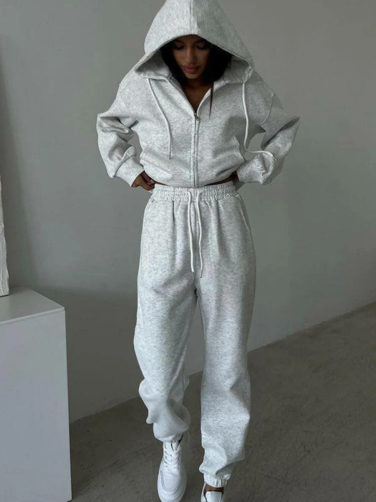 FSMG Casual Hooded Zippers Sweatshirts Pants Set Long Sleeved Cardigan Lace-up Sportswear Two Pieces Set Female Tracksuit Suit