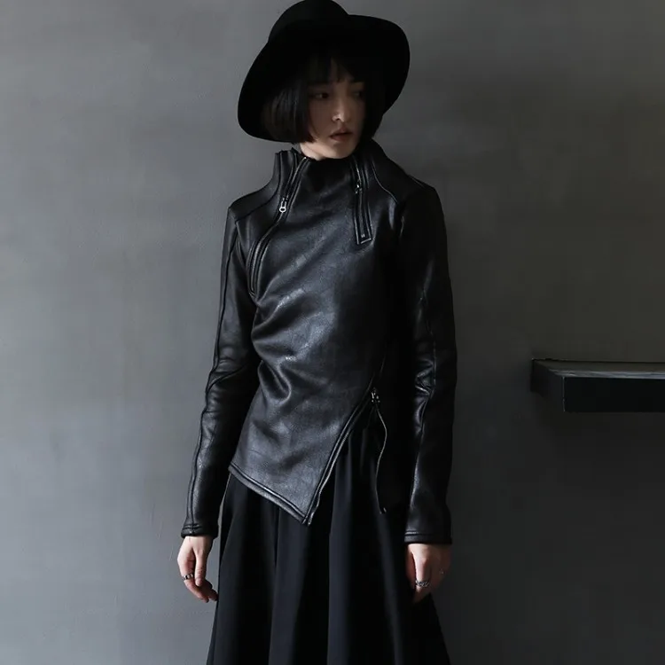 Dark Style Irregular Stand Collar Diagonal Zipper Faux Leather Sweatshirt Female Cool Black Gothic Jacket Fleece Lining Pullover