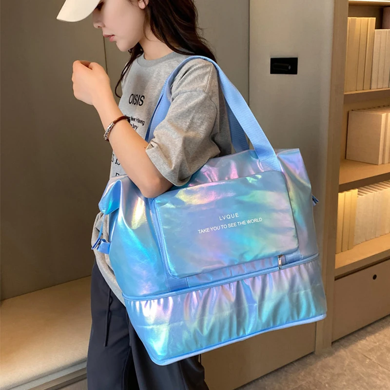 Iridescent Yoga Fitness Holographic Waterproof Glossy Excursion Large Capacity Folding Storage  Handheld Student Travel Bag