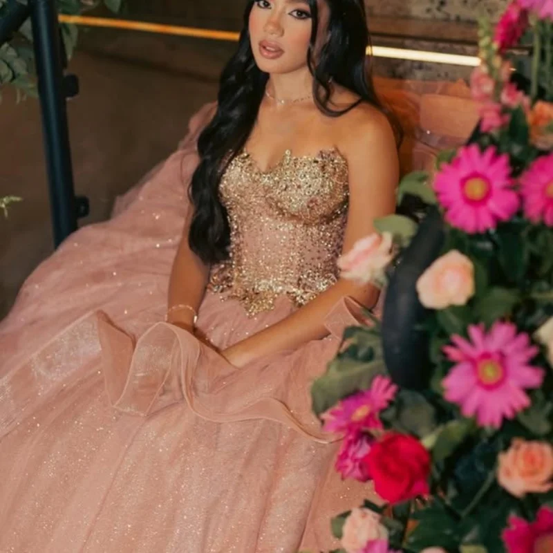 Champagne Quinceanera robe cristal paillettes décalcomanie dentelle superposition longue queue robes De 15 Quinceanera ﻿ Personnaliser