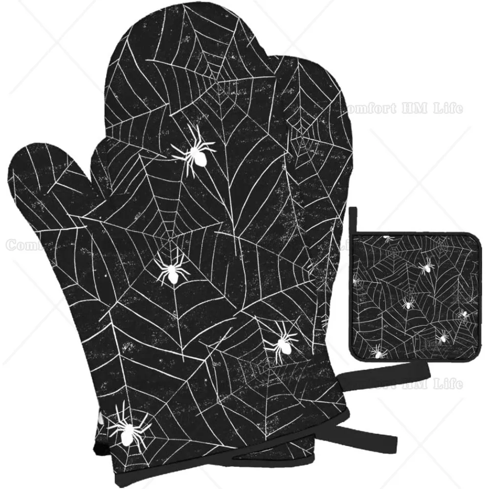 Spiderwebs Oven Mitts and Pot Holders Sets of 3 Halloween Black and White Grunge Gloves for Kitchen Cooking Baking Grilling