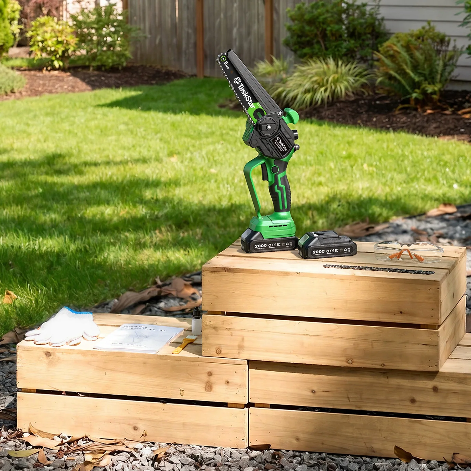 TaskStar 6-Zoll-Mini-Kettensäge, 700 W, Bürstenmotor, handgeführte elektrische Säge, manuelle Ölförderung, Gartensäge zum Beschneiden von Bäumen und zum Holzschneiden. für Makita 18V Akku-Pin – Detail 10