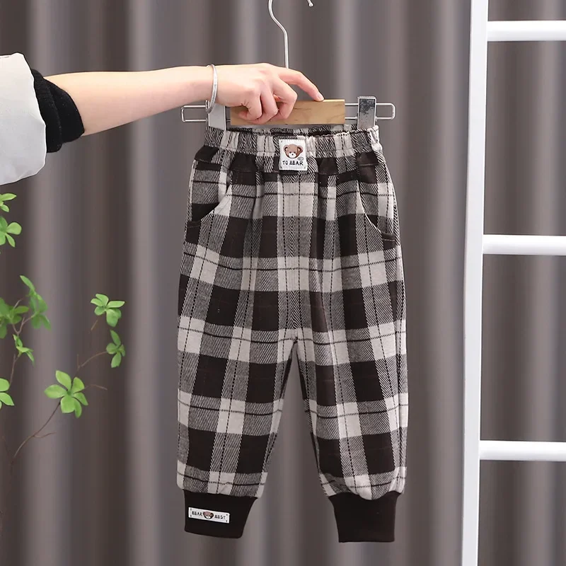 2024 Spring Autumn New Baby Boys Fashion Plaid Cartoon Bear Sweatpants Jogger Pants Children's Casual Sports Trousers Clothing