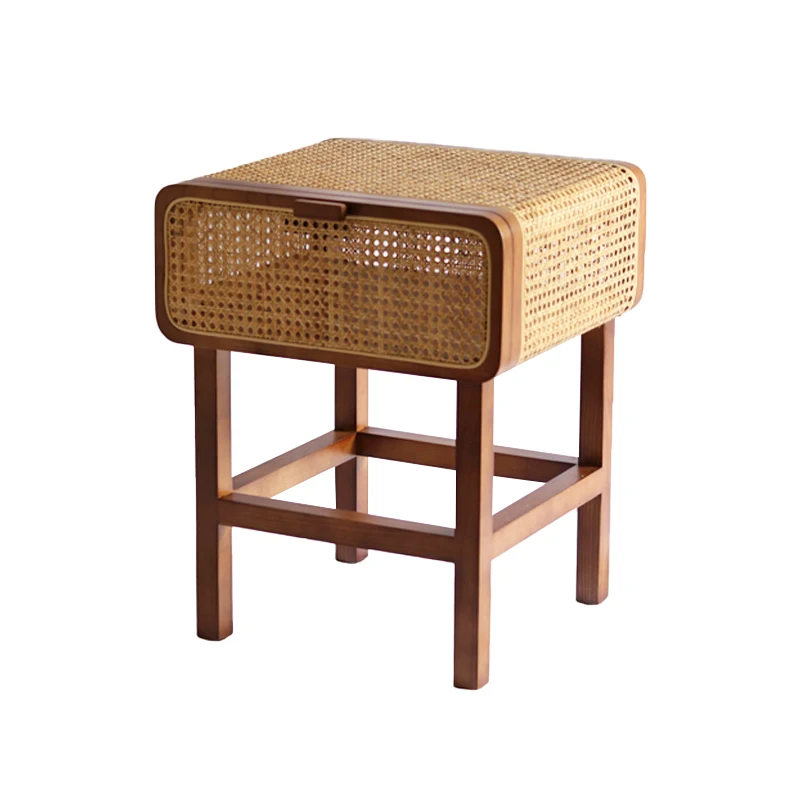 MOMO Korea Ins Real Rattan Solid Wood Bedside Table Rattan Handmade Bedside Table New Chinese Coffee Table Retro Small Cabinet