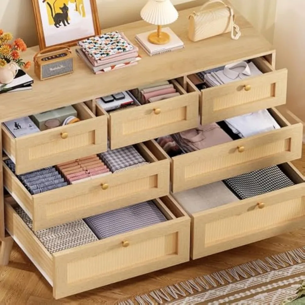 Commode en rotin à 7 tiroirs de style Boho pour chambre à coucher, commode en bois naturel, organisateur de placard