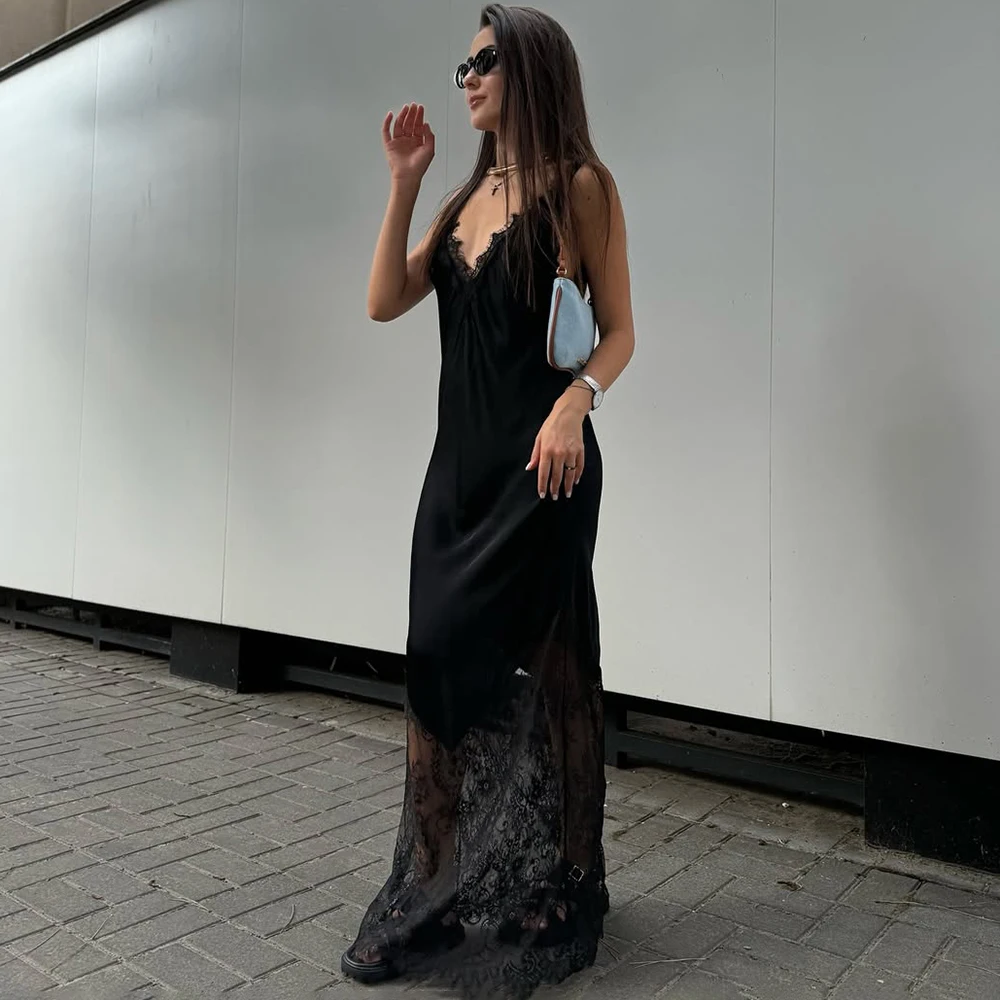 Ticketsx Sexy Lace Patchwork Dress Women V Neck See Through Sleeveless Long Dress Elegant High Street Backless Evening Dress