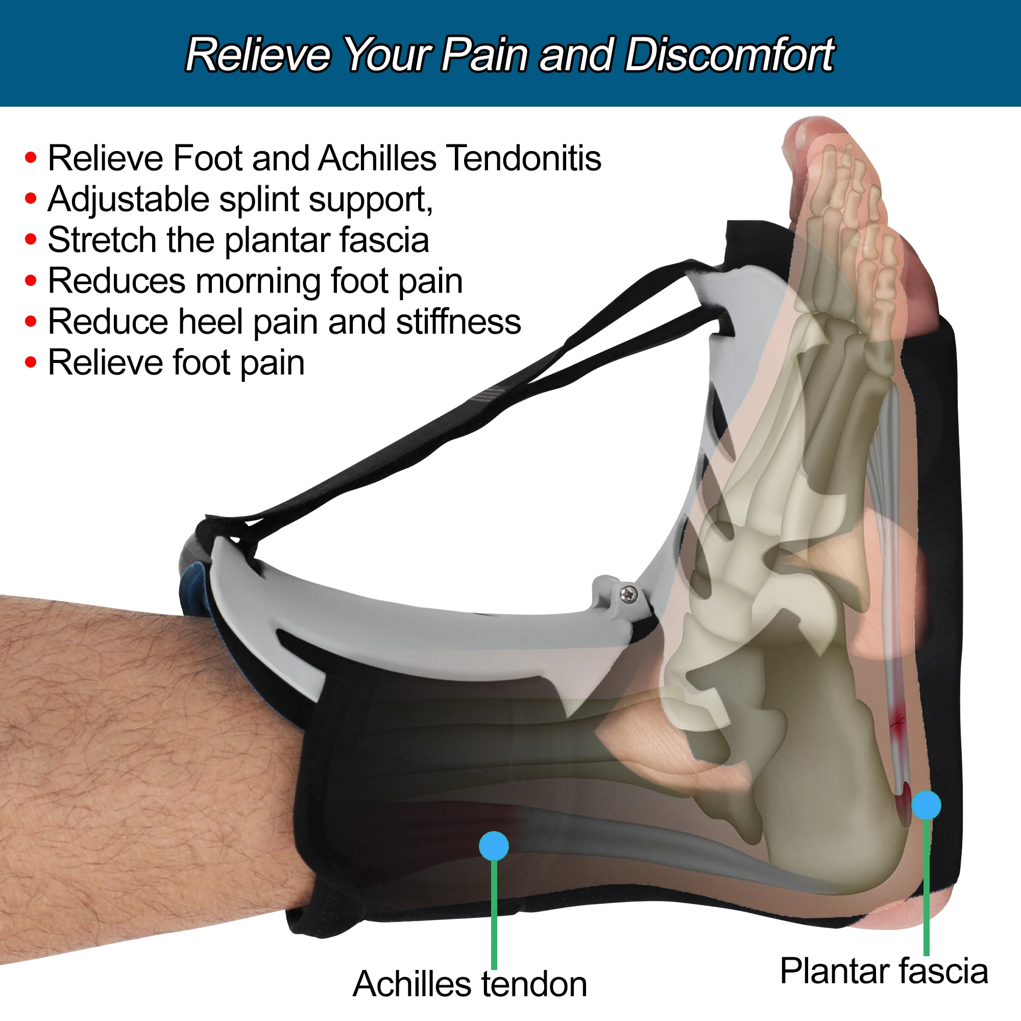 Foot Night Splint with Massage Ball for Pain Relief by Plantar Fasciitis, Achilles Tendonitis, Foot Drop, Flat Arch, Heel Spur