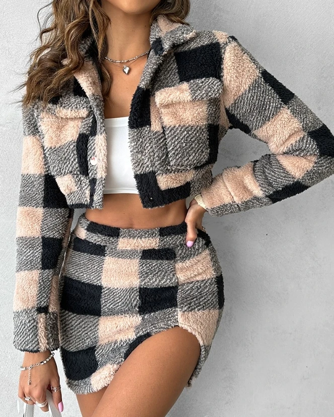 

Winter Long Sleeved Plaid Casual Suit Plaid Pattern Crop Teddy Jacket & Slit Skirt Set 2 Piece Sets Women Outfit