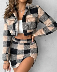 Winter Long Sleeved Plaid Casual Suit Plaid Pattern Crop Teddy Jacket & Slit Skirt Set 2 Piece Sets Women Outfit