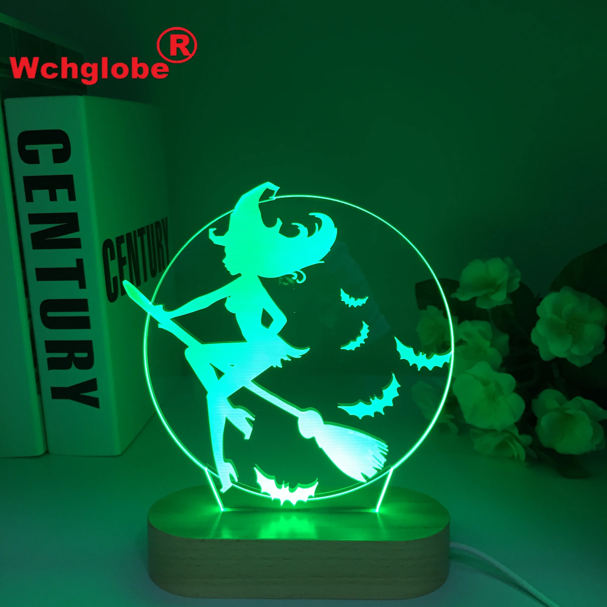 

Wood Halloween Bat Witch Acrylic Colors Changing 3D LED Nightlight Bedroom Lamp Living Room Lights Decoration Touch 3D LED Lamp