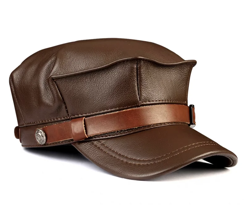 Winter Echt leder Mütze Herren flache Kappen Armee Militär hut Gürtel elegante Mann Baseball mütze britische Vintage Rindsleder Ohr warmen Hut – Detail 5