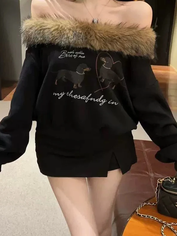 

Модная американская женская укороченная толстовка без рукавов с меховым воротником и принтом собаки, с открытыми плечами, для повседневной носки, зимний дизайн