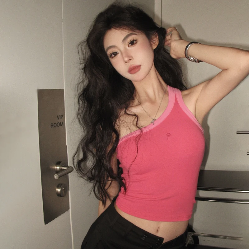 Pure Desire One-Shoulder Vest Female Sheath Ins Oblique Shoulder Short Suspender Top