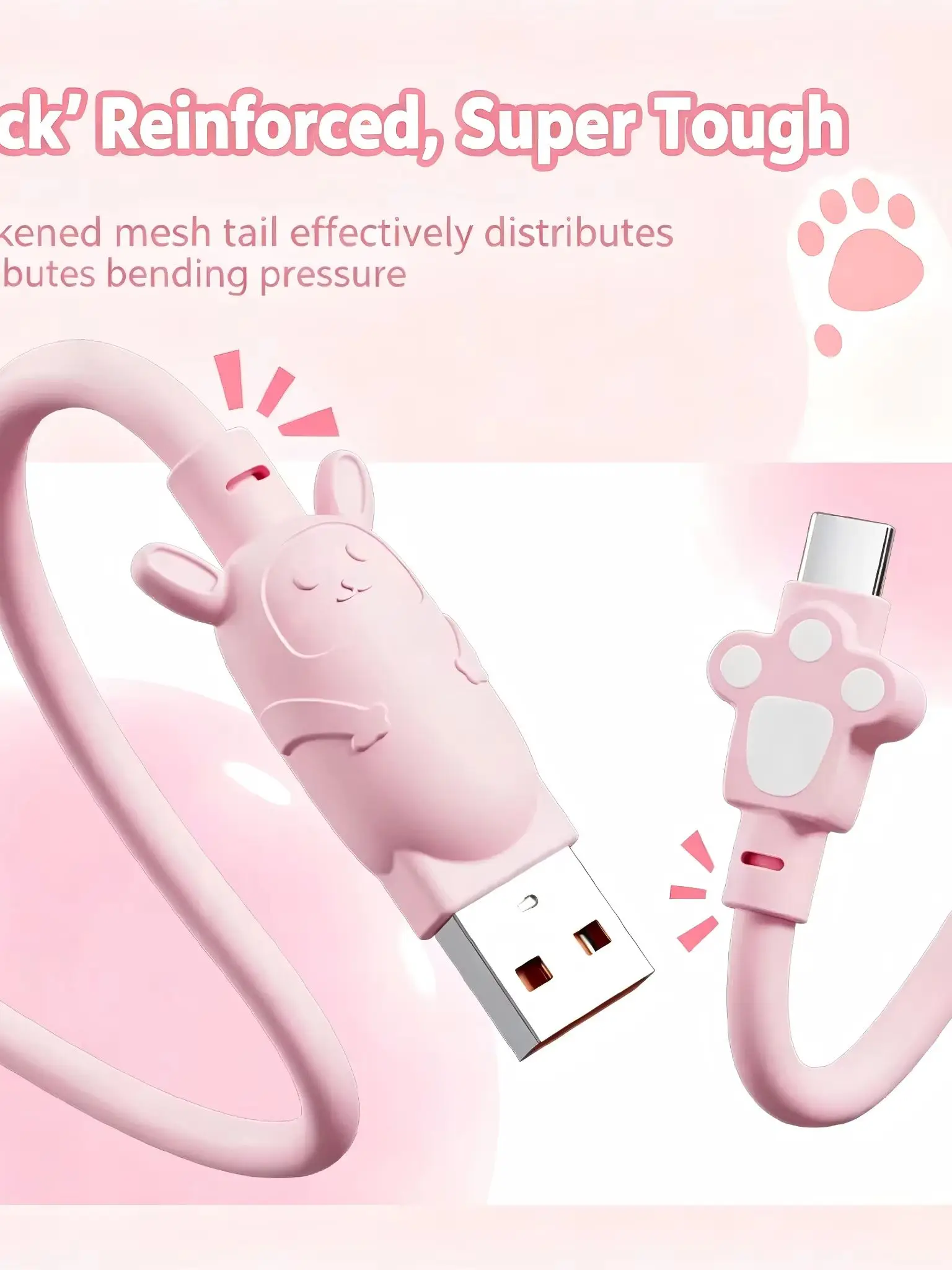 65W USB A to Type C Fast Charging Cable Kawaii Cat Paw Tip Rabbit Cute Bend Resistant Reinforced Charger Cord for Phone Tablet
