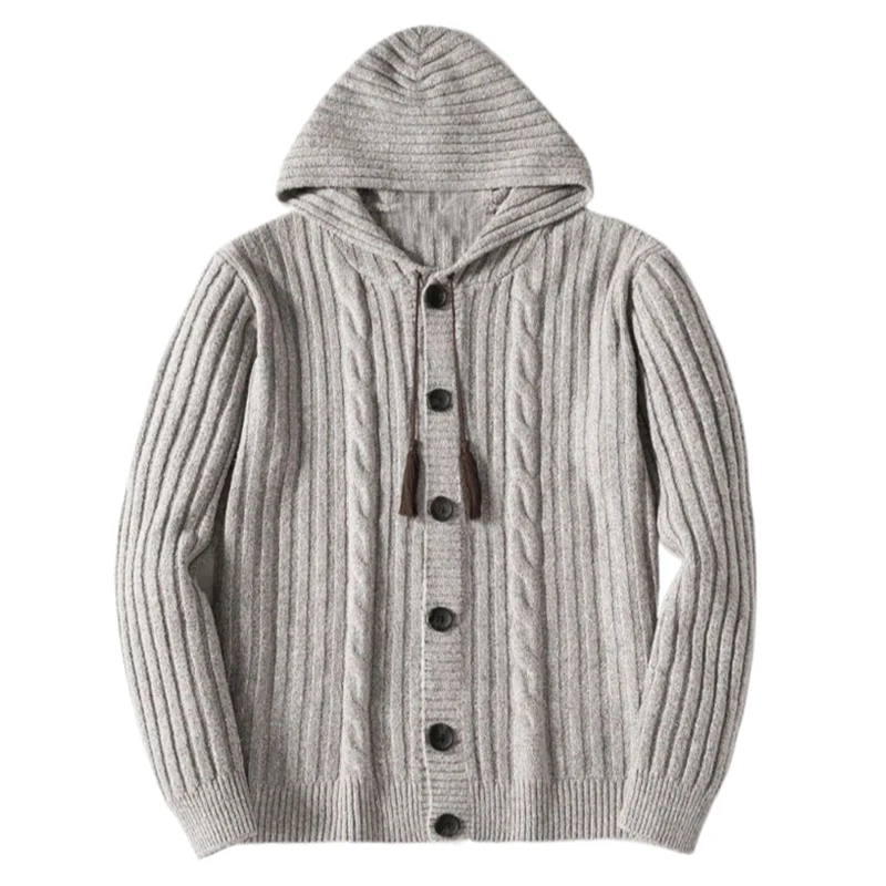 Hochwertige Herren-Cardiganjacke mit Kapuze, gerippt, Retro, dick, warm, mit Knöpfen, Herbst-Winter, lässige Oberbekleidung, Streetwear-Oberteil – Detail 3
