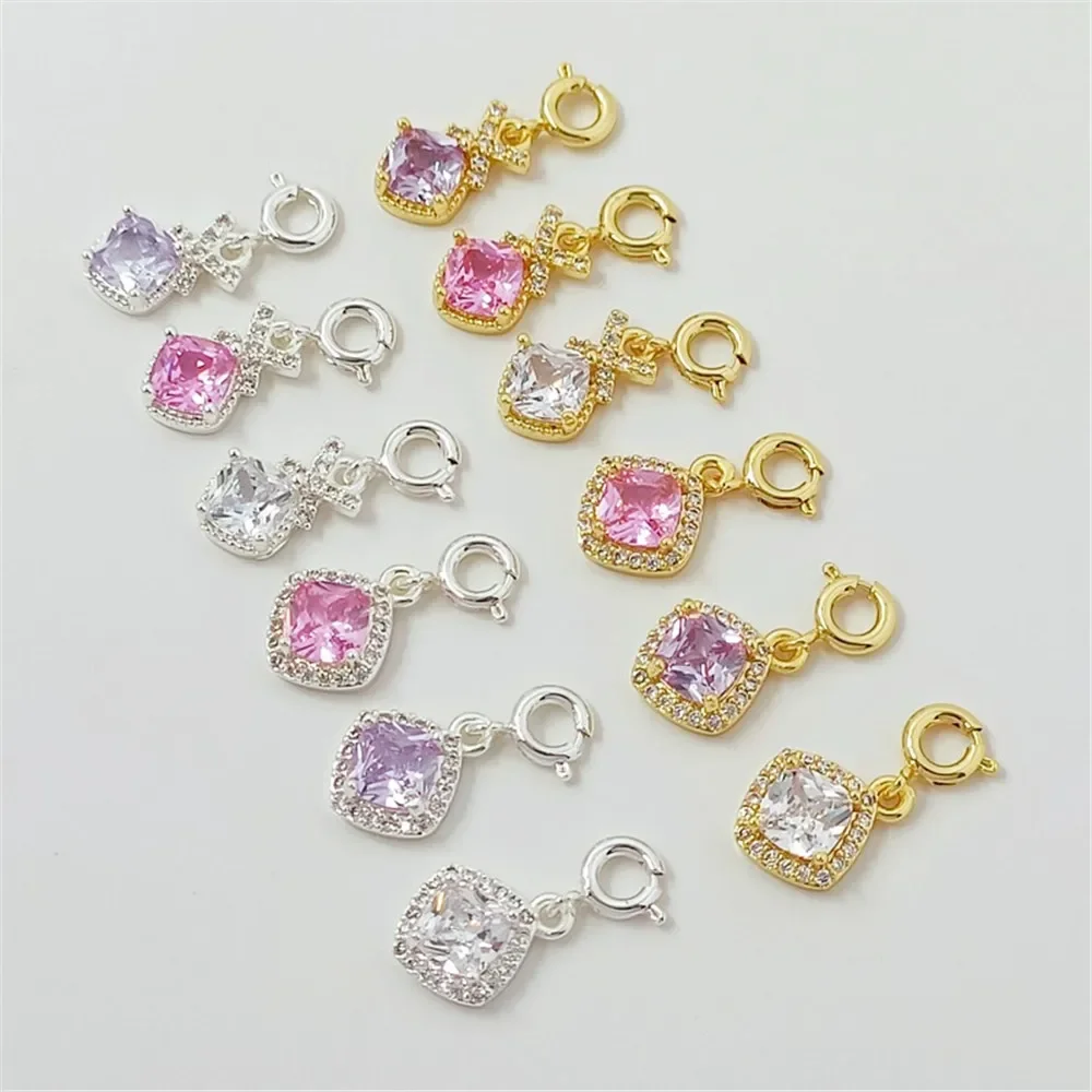 Silver Micro-inlaid Zircon Square Pendant, Handcrafted DIY Bracelet, 14K Gold Spring Buckle, Small Drop Slip Accessory