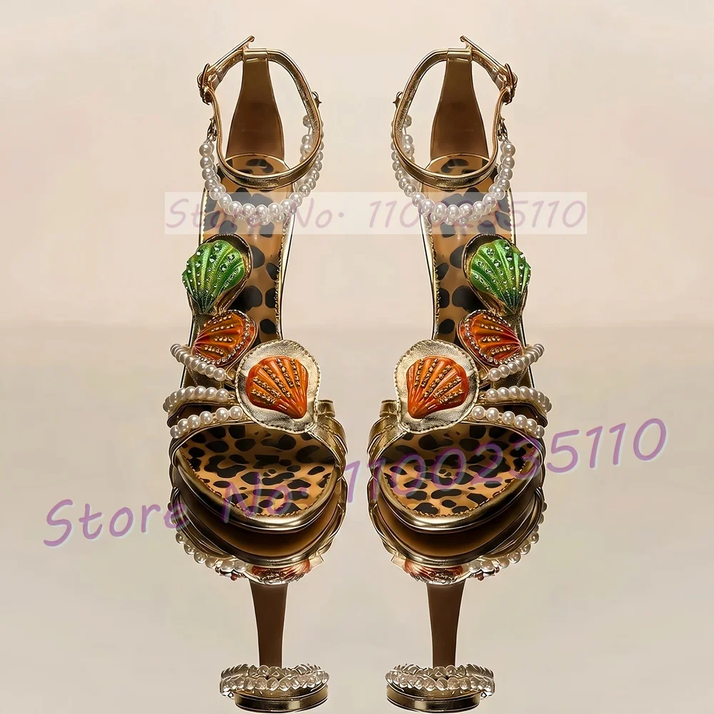 Light Gold Metallic Sandals With Crystal Shell Women Luxury White Pearl Straps Leopard Insole Heels Ladies Sexy Party Sandals