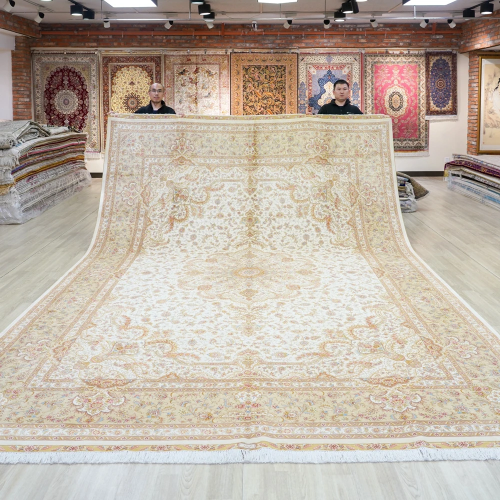 305x427cm Vantage Turkish Silk Rug Large Antique Beige Medallion Persian Silk Carpet (TJ747A)