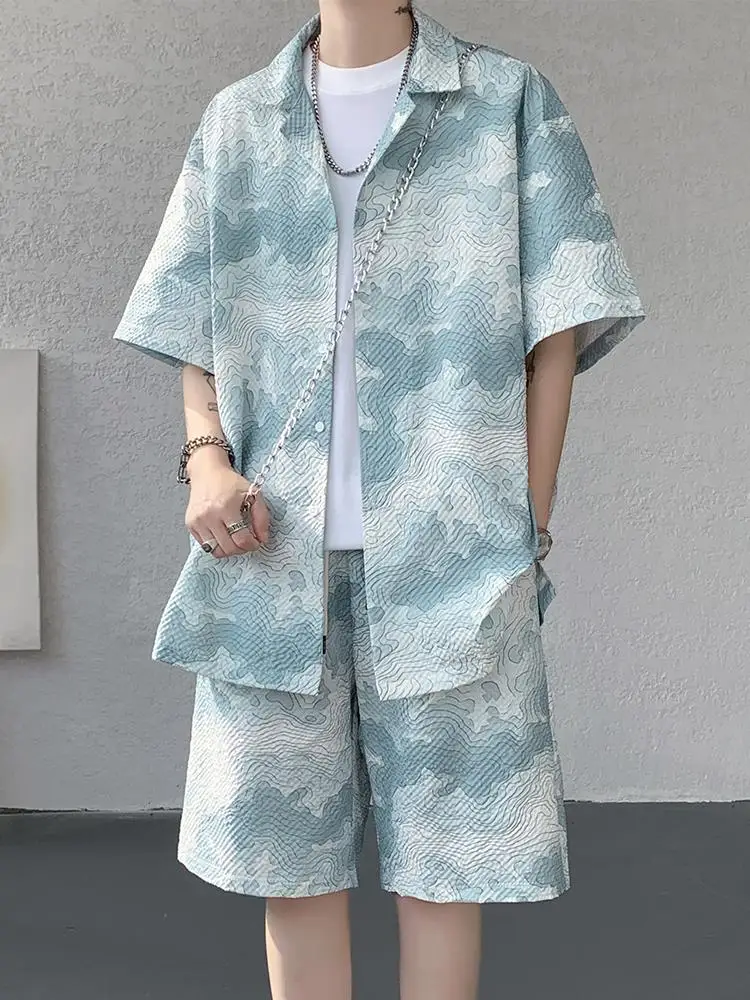 

Ice Silk ort Sve irt And orts Set for Men Summer Casual Print Vaion Two Piece Suit Polyester Fiber Teenage Boys