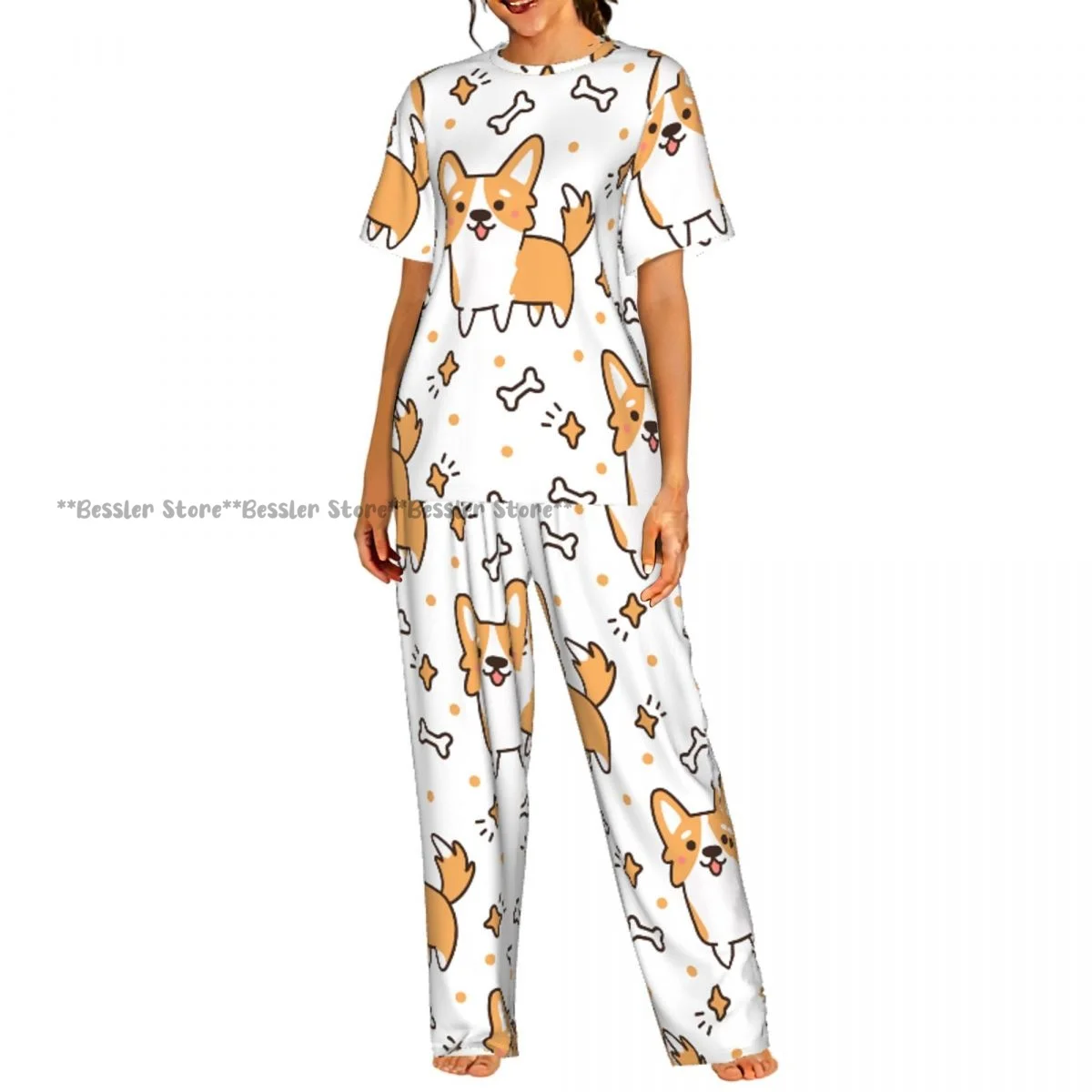 

Women's Pajamas Set Cute Dog Breed Welsh Corgi With Hearts Stars Bones Short Sleeve Sleepwear 2 Piece Homewear Loungewear